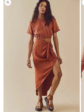 Free People Rust Asymmetrical Wrap Midi Skirt